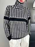 christmas outfit Dodobye Long Sleeves Loose Contrast Color Houndstooth Split-Joint High Neck Pullovers Sweater Tops