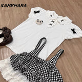 Dodobye Japanese Soft Girl Cute Doll Collar Cartoon Short Sleeve T-shirt Sweet Lace Strap Grid Cake Puff Skirt Y2k 2-piece Sets