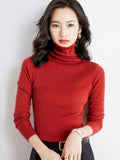 christmas outfit Dodobye Simple Skinny Long Sleeves Solid Color High-Neck Sweater Tops Pullovers