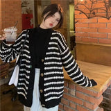 Black Friday Dodobye Striped Knit Cardigan Women Black White Patchwork Fall Winter Warm Button Sweater Fashion Elegant Loose Chic Twist Coat