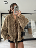 christmas outfit Dodobye 2025 New Solid Women's Lace Up Mohair Cardigan Coat Elegant V Neck Long Sleeve Loose Casual Jacket Spring Lady Fashion Outerwear