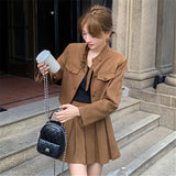 thanksgiving outfit Dodobye Maillardchamois Leather Vintage Korean Style Cropped Mini Dress 2024 Autumn New Arrival Women's Top Jacket Suit