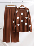 Dodobye Heart Printed Knitted Sweater Pants Sets Women Long Sleeve Oversize Pullover High Waist Wide Leg Trousers Suits 2 Pieces Outfits