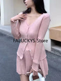 Dodobye Elegant Two-piece Solid Skirt Sets Women V-neck Long Sleeves  Knitted Cardigan + Mini Pleated Skirt Autumn Y2K Korean Chic Suit