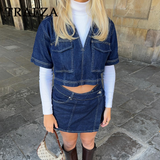 thanksgiving outfit Dodobye 2024 Spring Summer Casual Denim Women Suits Fashion Pockets V Neck Pullover Half Sleeve Shirts+Chic Mini Shorts Skirts