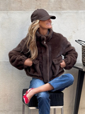 christmas outfit Dodobye Casual Solid Women's Stand Collar Faux Fur Cropped Coat Fashion Zipper Flap Pockets Long Sleeve Jacket Lady 2025 Chic Streetwear