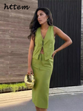 Dodobye Elegant Vest Skirt Suit Women Loose Lace Up V-neck Sleeveless Vest High Waist Long Skirts 2024 Summer Lady Solid 2 Pieces Sets