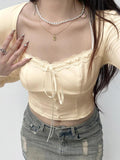 Dodobye-Square Neck Lace Splice Tie Front Long Sleeve Tee