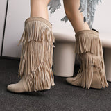 thanksgiving outfit Dodobye Women Mid Calf Boots Round Toe Increased Heel Fringe Flock Suede 46 47 48 Slip On Fashion Dating Bota