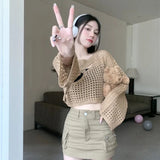 Black Friday Dodobye Chic Hollowed Out Smock Women Long-Sleeve Solid Sexy Cropped Tops Blouse Harajuku Fashion Loose Knitted Y2K High Street Sweater