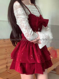 Dodobye Women Rave Birthday 2000s Shoujo Girl Korean Fashion Outfits 3 Piece Set Long Sleeve Lace Tops + Red Velvet Cami Dress + Shorts