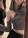 Dodobye-Long Sleeve Cold-Shoulder Hooded Plain Crop Top