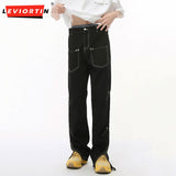 Dodobye Autumn Men'S Clothing Niche Open Line Design Splicing Multi Pocket Zipper Slit Straight Leg Wide Leg Fashionable Casual Jeans