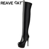 thanksgiving outfit Dodobye Sexy Women Thigh Boots Round Toe Stiletto 12cm Platform Zipper Large Size 44 45 46 Party Club Dancing Stretch Booties