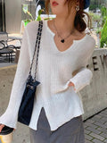 Dodobye-Solid V Neck Slit Thin Long Sleeve Knit