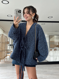 christmas outfit Dodobye 2025 New Solid Women's Lace Up Mohair Cardigan Coat Elegant V Neck Long Sleeve Loose Casual Jacket Spring Lady Fashion Outerwear