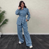 Dodobye Denim Coat Pants Sets Women Single Breasted Lapel Belts Jacket Top Wide Leg Trousers Suits Female 2 Pieces Casual Street Outfits