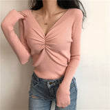 Dodobye Sexy V Neck Women Sweater Autumn Knitted Pullover Jumper Chic Soft Korean Slim Long Sleeve Female Basic Top New