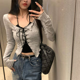 Dodobye Korean Two Piece Suit Suspender Cardigan Women's Autumn Sexy V-neck Slim Y2K Crop Long Sleeve Cross Bandage Knit Tops