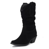 thanksgiving outfit Dodobye Pleated Women Mid Calf Boots Toe Block Heels 6cm Slip On Flock Suede Size 44 45 Daily Bota