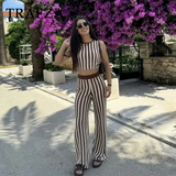 thanksgiving outfit Dodobye 2024 Spring Summer Vintage Knitted Striped Women Suits Fashion Casual O Neck Sleeveless Short Tops+High Waist Long Pants