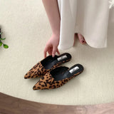 Dodobye Women Slippers Pointed Toe Leopard Design Shallow Slip on Thin Low Heels Black Flock Design Casual Mules Loafers Black Outdoor