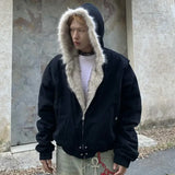 Dodobye American Fashion Woolen Collar Hooded Cotton Jacket Winter New Thick Plush Top Men Street Hip-Hop Harajuku Oversize Jacket Coat