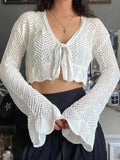 Dodobye-Tie Front Open Knit Crop Top