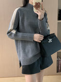 christmas outfit Dodobye High-Low Long Sleeves Contrast Color Split-Joint Split-Side High Neck Pullovers Sweater Tops