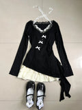 Dodobye Fall Winter Women Y2k Shoujo Girl 2000s Kpop Korean Outfits 2 Piece Set Long Sleeve Tops + Coquette Ballet Core Mini Lace Dress