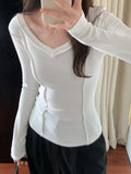 Dodobye-Solid V Neck Seam Detail Slim Long Sleeve Knit