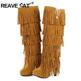 thanksgiving outfit Dodobye size 32-43 Flock Fur Women boots High heels Knee boots Fringe Tassels Fashion Black Red ZL4150