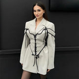 thanksgiving outfit Dodobye Elegant England Panelled Dress Women Lace Up Lapel Full Sleeves Empire Mini Dresses Female 2024 Autumn Commute Lady Robes