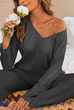 Dodobye V Neck Ribbed Long Sleeve Two-Piece Set