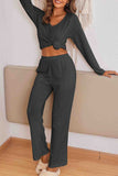 Dodobye V Neck Ribbed Long Sleeve Two-Piece Set