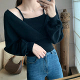 Black Friday Dodobye Autumn Fake Two-Piece Sweater Women Knitted Solid Slim Long-Sleeved Pullover Fashion Casual Sweet Pretty Style Female Tops