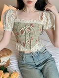 Dodobye Casual Floral Y2k Crop Tops Woman Outwear Slim Short Sleeve Elegant Blouse Office Lady Korean Style Fashion Pullover 2025 Summer