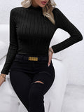 christmas outfit Dodobye Long Sleeves Skinny Pleated Solid Color Split-Joint High Neck Sweater Tops