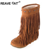 thanksgiving outfit Dodobye Women's 2 Layer Fringe Tassels Flat heel Half knee high Boots fur Shoes Big Size 34-47 Snow Boots Zapotos