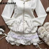 Dodobye Sweet Girl Cute Hooded Ear Set Lace Up Hoodie Jacket Fashionable High Waisted Cake Skirt Spring Autumn Y2k 2 Piece Set