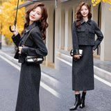 thanksgiving outfit Dodobye Fashionable Casual Suit Autumn/Winter New PU Leather Patchwork Tweed Style Down Jacket Half Skirt 2-Piece Set Skirt YJ6816