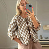 Dodobye Plaid Lace Up Bow Female Cardigan Flare Sleeve O Neck Women Sweater 2025 Autumn Fashion Casual Loose Elegant Knit Lady Top