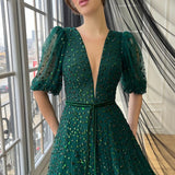 Dodobye Customized Glitter Short Sleeves V Neck robes de soirée A-line Party Dresses Floor-Length Sash Mesh Fabric Prom Dress-(PRE-ORDER)