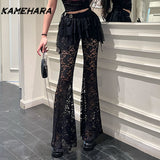 Dodobye American High Street Dark Gothic Irregular Fake Two Piece Micro La Long Pants Women's Lace Splicing Casual Pants カラコン