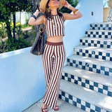 thanksgiving outfit Dodobye 2024 Spring Summer Vintage Knitted Striped Women Suits Fashion Casual O Neck Sleeveless Short Tops+High Waist Long Pants