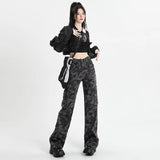 Dodobye 90s Streetwear Retro High Street Loose Wide Legs Camouflage Overalls Women 2024 New High Waist Slouchy Straight Baggy Jeans Women Streetwear