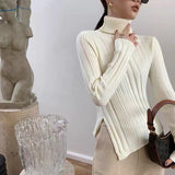 Black Friday Dodobye Zoki Autumn Warm Turtleneck Knit Sweater Women Fashion Split Irregular Slim Chic Pullover Korean Thick Solid All Match Jumpers