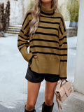 christmas outfit Dodobye Long Sleeves Loose Contrast Color Split-Side Striped High Neck Pullovers Sweater Tops