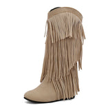 thanksgiving outfit Dodobye Women Mid Calf Boots Round Toe Increased Heel Fringe Flock Suede 46 47 48 Slip On Fashion Dating Bota