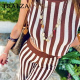 thanksgiving outfit Dodobye 2024 Spring Summer Vintage Knitted Striped Women Suits Fashion Casual O Neck Sleeveless Short Tops+High Waist Long Pants